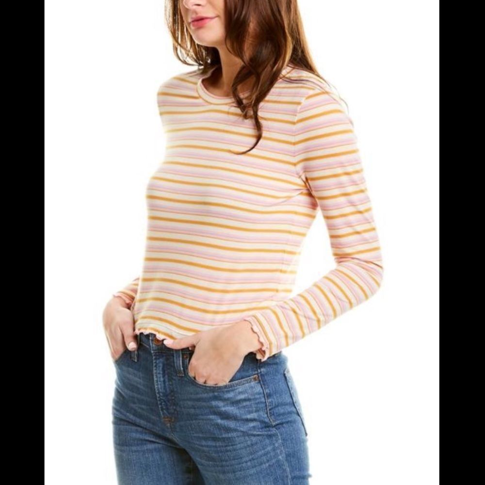 ‎Madewell stripped ruffle long sleeve cropped shirt